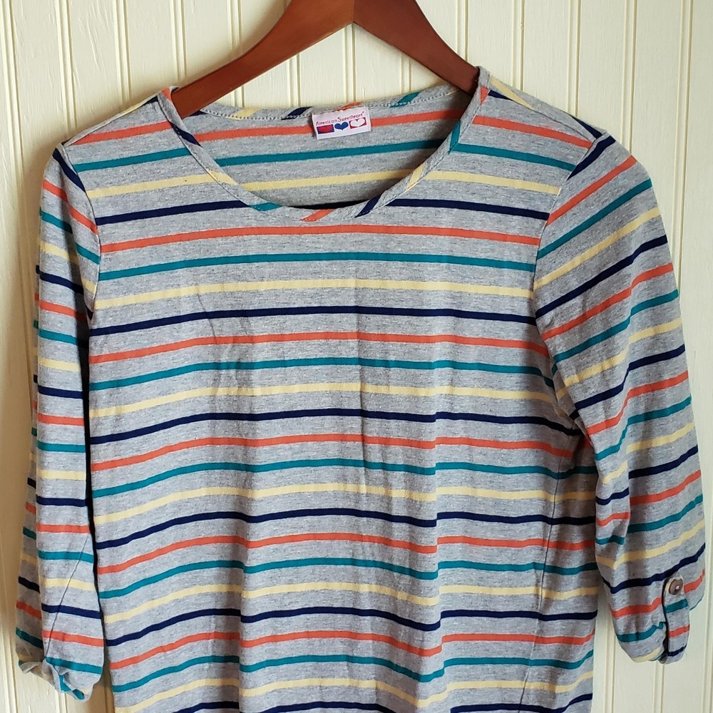 American Sweetheart Shirt Womens Small Multicolor Stripe 3/4 Sleeve Top